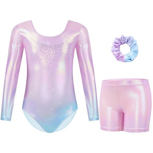Gogokids Body da ginnastica per ragazze, a maniche lunghe, con strass scintillanti, per danza con pantaloncini, per 3-12 anni, C-rosa, 8-9 anni