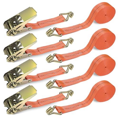 GLOSKIN Cinghie di serraggio con cricchetto e gancio, cinghia di serraggio, 5,5 m × 2,5 mm, 1000 kg, cinghie con gancio, kit a cricchetto da 4 pezzi, bundle diviso, arancione