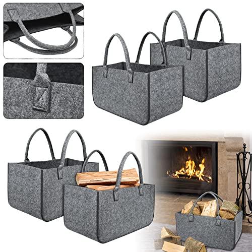 Aufun Borsa in feltro, 4 pezzi Borsa portalegna Cesta con Manico Pieghevole, borse in feltro per la spesa, Cesta per Legna per la conservazione di legno, giornali (50 x 25 x 25 cm, Grigio Chiaro)