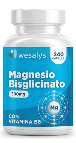 Magnesio Bisglicinato 240 Capsule (fino a 4 mesi), 300 mg di Magnesio glicinato. Con Vitamina B6, Organico, Magnesium glycinate, Integratore Muscoli, Sistema Nervoso, Stress, Ossa. Wesalys