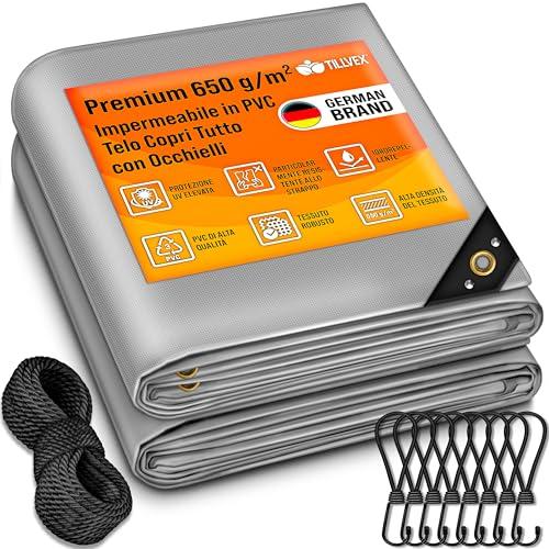 tillvex® Telone di copertura con occhielli + 10 elastici e corda da 15 m, impermeabile e resistente agli strappi, telo in PVC di alta qualità, universale, per camion, piscina, mobili da giardino e