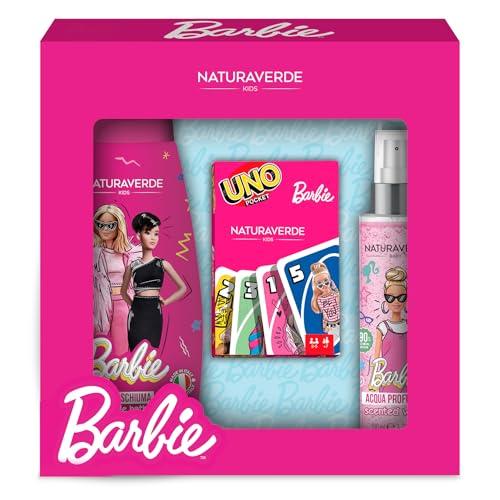 BARBIE | Gift Set Carte UNO, Cofanetto Bagnoschiuma da 300 ml, Acqua Profumata 100 mll e Set Carte da Gioco UNO