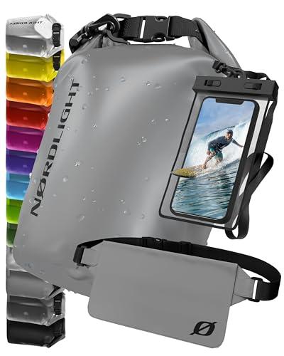 Nordlight Dry Bag Sacca Impermeabile con Custodia Per Cellulare e Marsupio (20L, Grigio) Zaino, Sacca Stagna Borsa Impermeabile - Spiaggia, Canoa, Stand Up Paddling, Immersioni