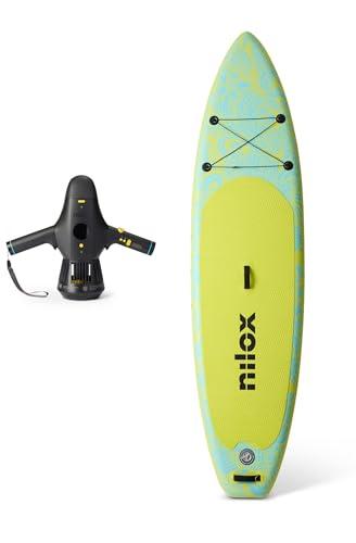 Nilox Set Tavola da Sup Gonfiabile con Scooter Acquatico Elettrico, Completo di Accessori con Zaino, Pagaia, Pompa, Leash, 3 Pinne, Velocità Fino a 5km/h, Tavola da 335x84x15cm