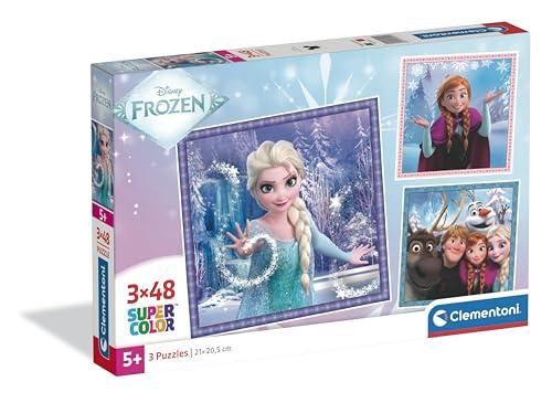 Clementoni - Puzzle per Bambini 3x48 Pezzi Supercolor, per Bambini 5+ Anni, Illustrazione con Personaggi Disney Frozen, Tema Principesse, Idea Regalo, Made in Italy, 21x20,5 cm, 25021