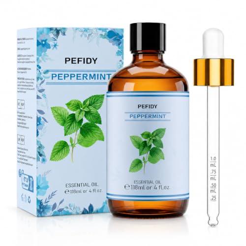 PEFIDY Olio Essenziale di Menta Piperita 118ml, Olio di Mentha Piperita Distillato a Vapore, con Contagocce, per Diffusore, Shampoo, Unghie, Routine Pelle e Pulizia Casa