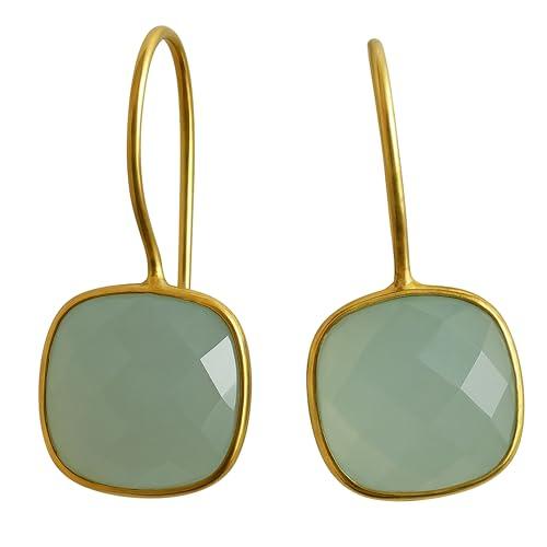 Orecchini in Argento Sterling 925 Placcato Oro con Calcedonio Color Acqua - Pietra Naturale Taglio Cuscino - Design Elegante e Raffinato - Gioiello Perfetto per Donna