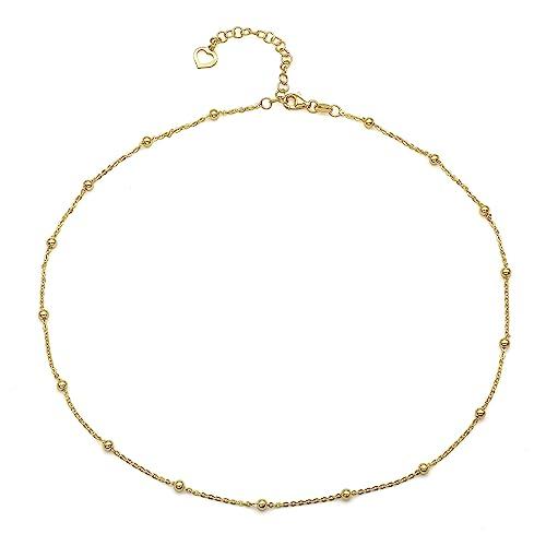 Aka Gioielli® - Collana Girocollo Donna in Argento 925 Placcata Oro Giallo 18 Kt - Catenina con Sfere - lunghezza regolabile