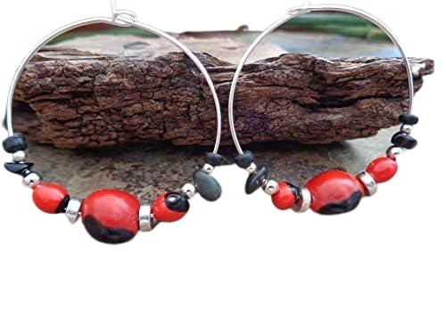 ✿ SEMI DI PALMA NATURALE PIETRE DI COCCO CREOLE ROSSE NERE ROSSE ✿ Orecchini sudamericani, Bolivia, Huayruro, orecchini Inca