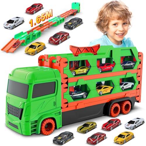 VATOS Trasporto Camion Giocattoli per Ragazzi Età 3 4 5 6, Auto Giocattolo Pista Portatile con 6 Auto da Corsa, Miglior Regalo Camion Veicoli Giocattoli Set per Bambini