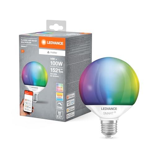 Ledvance Lampada Led Smart+ Matter, Smerigliata, 14W, 1521Lm, Forma a Globo E27, Luce Colorata e Luce Bianca, Compatibile con Google, Alexa, Apple, App o Controllo Vocale, Durata Fino a 20.000 Ore
