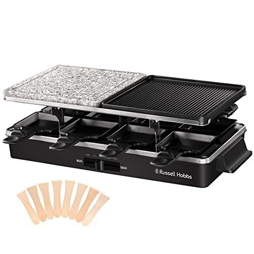 Russell Hobbs Raclette Grill 8 persone - 8 padelle e spatola in legno, 2 piastre grill da tavolo - Pietra naturale, Scanalatura liquidi, Piastra reversibile, Rivestimento antiaderente, 26280-56