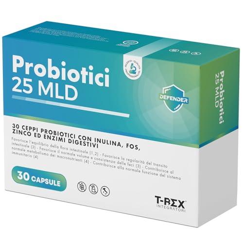 Probiotici 25 MLD con 30 Ceppi, Inulina, FOS, Zinco ed Enzimi Digestivi | Fermenti Lattici Probiotici ad Alta Potenza per Flora Intestinale, Digestione e Sistema Immunitario | 30 Capsule | T-Rex Integ
