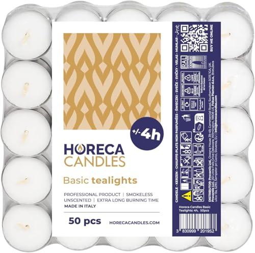 Horeca Candles - Candele Tealight Bianche - Durata 4 Ore di Combustione - Set da 50 Candeline Non profumate - Lumini per Matrimonio, Decorazione, Gastronomia