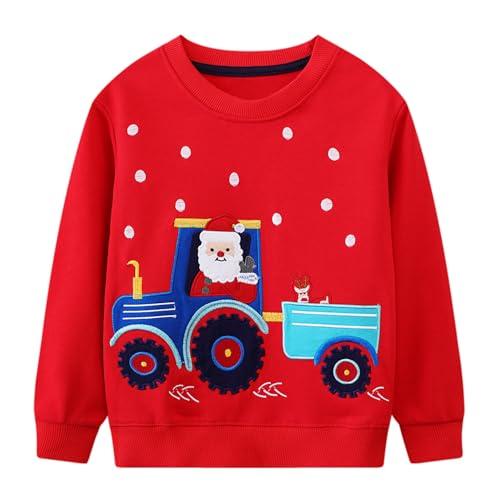 FILOWA Felpa per Bambino Cotone Girocollo Maglione Ragazzo Escavatore Motivo Sweatshirt Babbo Natale Alce Stampa Pullover Caldo Manica Lunga Sweater Natale Autunno Inverno Top Bambini 3-4 Anni, Rosso