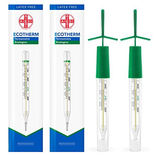 AIESI® Termometro Clinico classico in vetro per febbre al gallio senza mercurio per adulti e bambini (2 pezzi) ECOTHERM, Astuccio per resettaggio rapido, Ecologico, Garanzia Italia 24 mesi