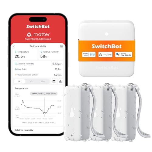 SwitchBot Termometro Igrometro WLAN per interni esterni, confezione da 3 con hub Mini Matter, IP65, impermeabile, sensore di temperatura e umidità con notifica app e archiviazione dati gratuita