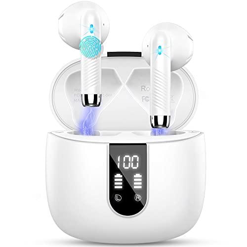 Cuffie Bluetooth, Auricolari Bluetooth 5.3 Cuffie Wireless in-ear con 4 Mic, 2025 Cuffie Senza Fili ENC Cancellazione Rumore, Mini Cuffiette Sport Earbuds IP7 Impermeabile HiFi Stereo/LED/USB-C Bianco