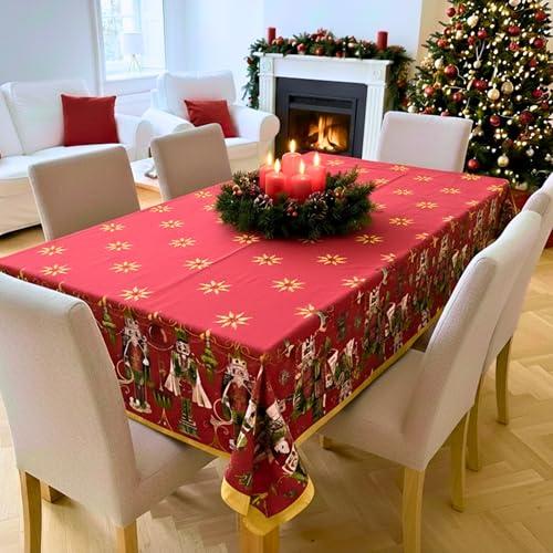 o-day Tovaglia Natalizia Rettangolare In Cotone o Poliestere – Tovaglie Natalizie Eleganti Da 6 12 18 Posti Antimacchia - Made in Italy (Rosso – Schiaccianoci Incantato, 12 Posti - 140x240cm)