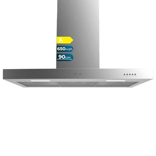 Cecotec Cappa aspirante 90 cm Bolero Flux TM 906500 Inox A. Motore 165 W, decorativo con finitura inox, aspirazione 650 m3/h, controllo meccanico, 3 livelli di potenza, luce e filtro al carbonio