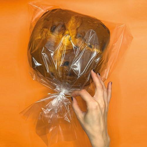 FAH - 10 Sacchetti per Alimenti Trasparenti + 10 Chiusure Metalliche - 40 x 48 cm, Buste per Confezionare Panettone, Colomba, Conservazione di Alimenti, Biscotti, Torte, Pane - Sacchetti Alimentari