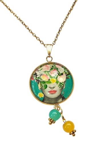 Collana Dipinti Cabochon Con Pietre Naturali, Idea Originale per Regalo Natale, Fatto a Mano, Gioielli Donna (Frida Fiori testa)