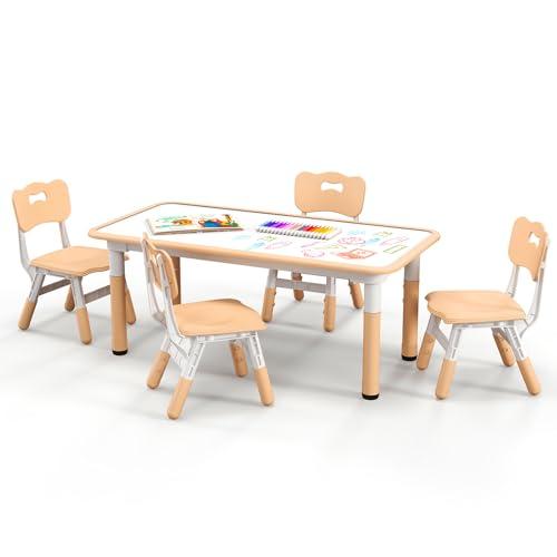 COSTWAY Set Tavolo e 4 Seide per Bambini, Scrivania Regolabile in Altezza con Piano Graffiti, Gambe Antiscivolo, Mobile Multifuzione con 4 Posti per Cameretta, Asilo e Scuola (Naturale)