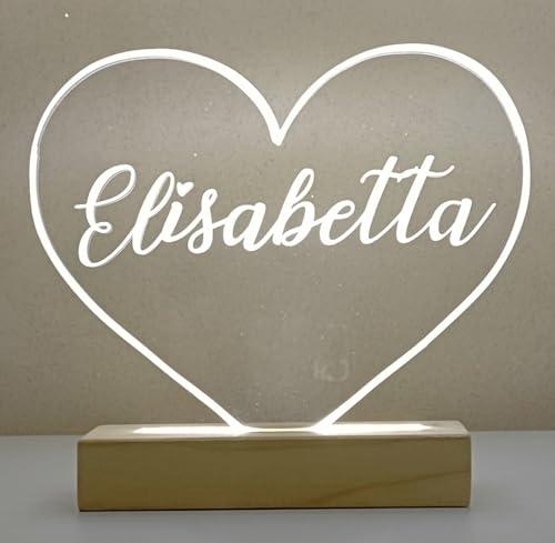 Lampada led personalizzata con nome inciso, ideale come luce notturna per la cameretta dei tuoi bimbi e per decorazione tavolo torta (Cuore con nome)