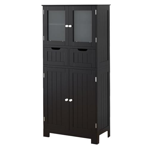 COSTWAY Armadio da Terra con 4 Ante, Mobile da Bagno con 2 Ante in Vetro 2 Cassetti e Ripiani Regolabili, Armadio Multifunzionale per Bagno e Soggiorno (Nero, 60x30x128cm)