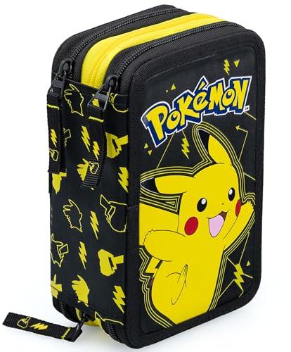 Clondo Astuccio 3 Scomparti, 45 Pezzi, Per Pokemon Fan, 2 Penne Gel Cancellabili, Colla, Forbici, Pastelli 4.0, 3 Zip, Bambini, Scuola e Regalo, Nero e Giallo