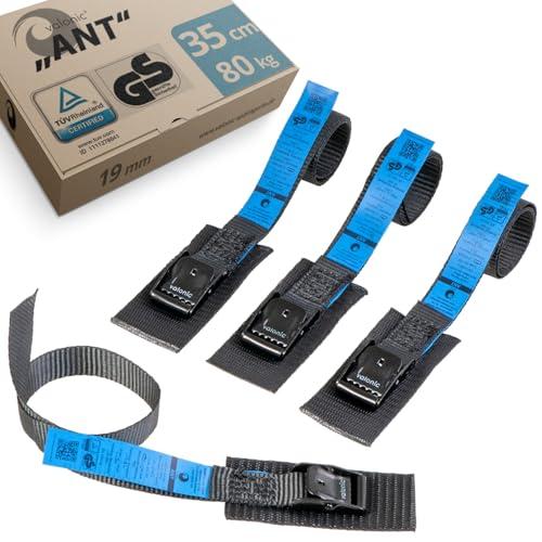 valonic ANT - 4x 35cm cinghie di fissaggio corte, 19mm, 80 Kg, imbottite, certificate TÜV Rheinl. / GS, EN-12195-2 - nero, cinghia per box da tetto, bici, camper