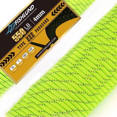 FISHLUND Paracord riflettente da 550 libbre, corda Paracord tipo III a 7 fili da 50 piedi e 4 mm, corda da paracadute in nylon per campeggio, Verde neon