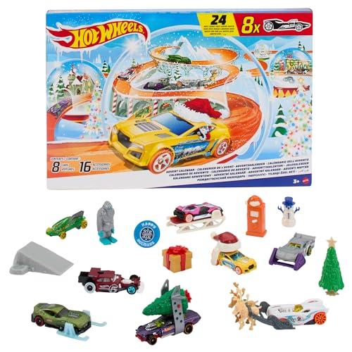 Hot Wheels - Calendario dell'Avvento 2024, 24 finestrelle numerate con sorprese e tappetino di gioco, 8 macchinine e 16 accessori a tema invernale, giocattolo per bambini, 3+ anni, HTG00