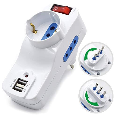 OM13035 Adattatore Compatto Bianco, 1 Presa Schuko (Tedesca) 2 Prese porte USB- 1 Spina Rotante Italiana tripolare 10A con Interruttore