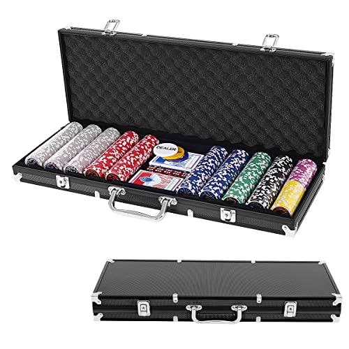 GYMAX Set da Poker Professionale, con 500 Fiches, 2 Mazzi di Carte, 5 Dadi, 3 Pedine Dealer, Valigetta in Alluminio, 56 x 21 x 6,5 cm, Adatto ai Principianti (Nero)