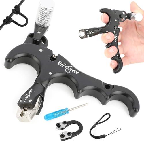 AMEYXGS Tiro con L'Arco Release Aid 4 Dita Ausili per Il Rilascio per Arco Compound e Corda D Loop Rilascio in Lega di Alluminio con Calibro Rotante a 360° RH/LH (Nero)