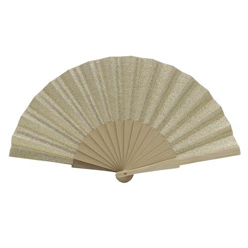 MAPIMANIA - Ventaglio Legno Pieghevole in Tessuto Glitter Color Oro Light, Ventagli Matrimonio Personalizzati, Ventaglio Giapponese Resistente, Gadget Cerimonia