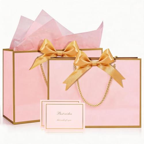 Sacchetti Regalo Medi Rosa e Oro, 2 Sacchetti Regalo con 4 Fogli di Carta Velina e 2 Biglietti di Auguri, per Compleanno Feste, Matrimoni, San Valentino, Souvenir, Cofezioni Regalo