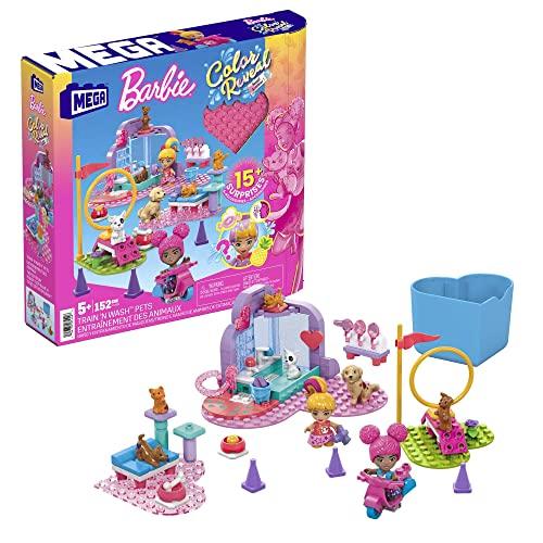 MEGA Barbie - Color Reveal Centro Cuccioli Lava e Addestra, include due mini bambole, cuccioli, anelli per le acrobazie, scooter e 15+ sorprese da costruire, giocattolo per bambini, 5+ anni, HHP89