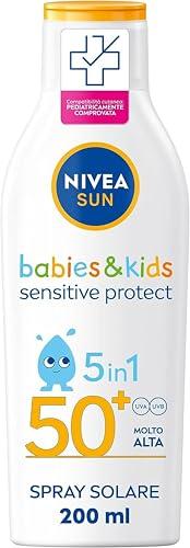 NIVEA SUN Latte Solare Kids Sensitive Protect & Play FP 50+ 200 ml, Crema Solare Bambini e Neonati dai 6 Mesi in su, Crema solare 50+ Resistente all'Acqua