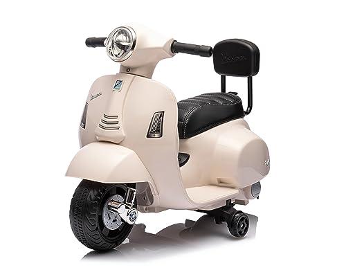 Mondial Toys Moto Elettrica Scooter per Bambini Mini Vespa GTS Piaggio 6V con Schienale Sedile in Pelle Luci Suoni Bianco