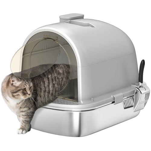 PawHut Cassetta per gatti in acciaio inox con coperchio Cassetta per gatti con sacchetto deodorante Paletta facile da pulire 52,4x41,3x39,9 cm Grigio
