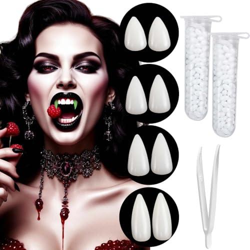 Set di denti da vampiro realistici, 4 misure con adesivo, accessori per costume di Halloween