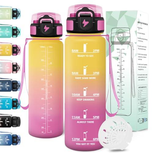 Motswedi Borraccia 1 litro, a Prova di Perdite, Borraccia Motivazionale, Riutilizzabile, Bottiglia Acqua, Senza BPA, Borracce, per Palestra, Ufficio, Sport, Ciclismo, Running, Giallo Rosa