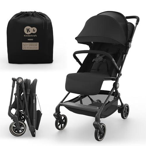 Kinderkraft NEBO passeggino da cabina ultraleggero, chiusura a una mano, resta in piedi da chiuso, 51×43×21 cm, tracolla e borsa, posizione distesa, cinture 5 punti, Nero
