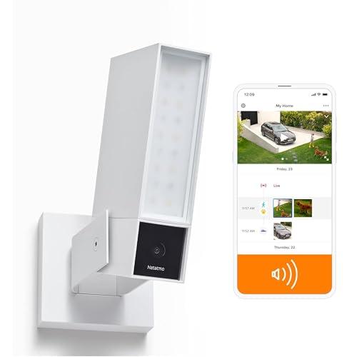 Netatmo Videocamera Esterna Di Sorveglianza Intelligente Sirena Da 105dB, Wi-Fi, Illuminazione Integrata, Rilevamento Dei Movimenti, Visione Notturna, Senza Abbonamento, Bianca, NOC-S-W-IT