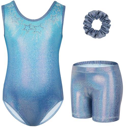 Gogokids - Set da ginnastica a tre pezzi per ragazze, body senza maniche con pantaloncini e fascia, vestito da ginnastica con design a colori scintillanti sfumati, età 3-12 anni, Blu scuro,