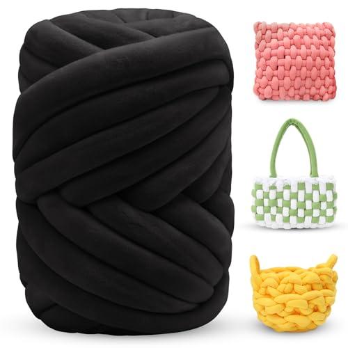 LEREATI Fettuccia per Borse a Uncinetto, Filato Gigante 500g Filato di Lana Morbida Chunky Yarn Tubolare, Gomitoli Lana Grossa per Coperte a Mano, Animali Domestici, Letto (Nero)