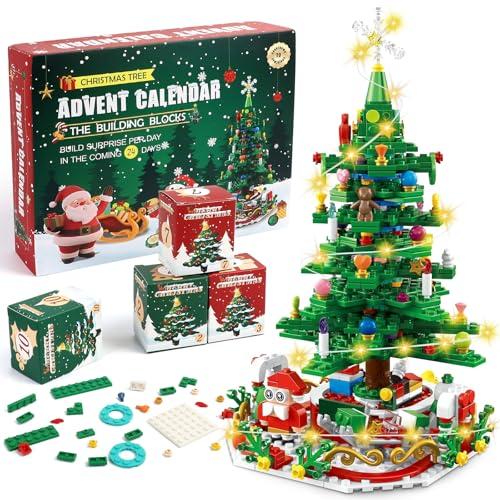 Calendario Avvento 2025 Bambini, Calendario dell'Avvento 2025 con Luce a LED, 701 Pezzi 24 in 1 Albero di Natale di costruzioni Giocattoli, Calendario dell Avvento Giocattoli Regalo di Natale (A)