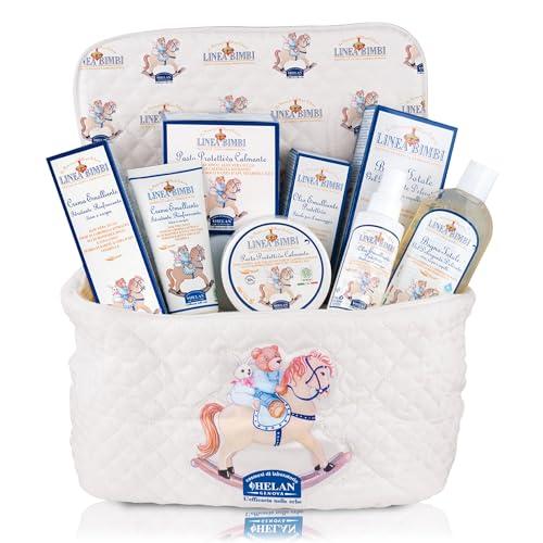Helan, Linea Bimbi - Set Bagnetto Neonato, Beauty Case Neonato Kit Nascita Igiene con Crema Corpo Idratante, Bagnoschiuma Shampoo, Crema Cambio Pannolino e Olio Corpo, Prodotti Bagno per Idee Regalo